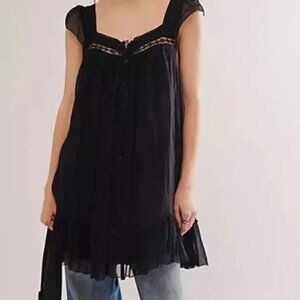 Free People Olivia Dress Black Square Neck Flutter Sleeve Lace Mini New L